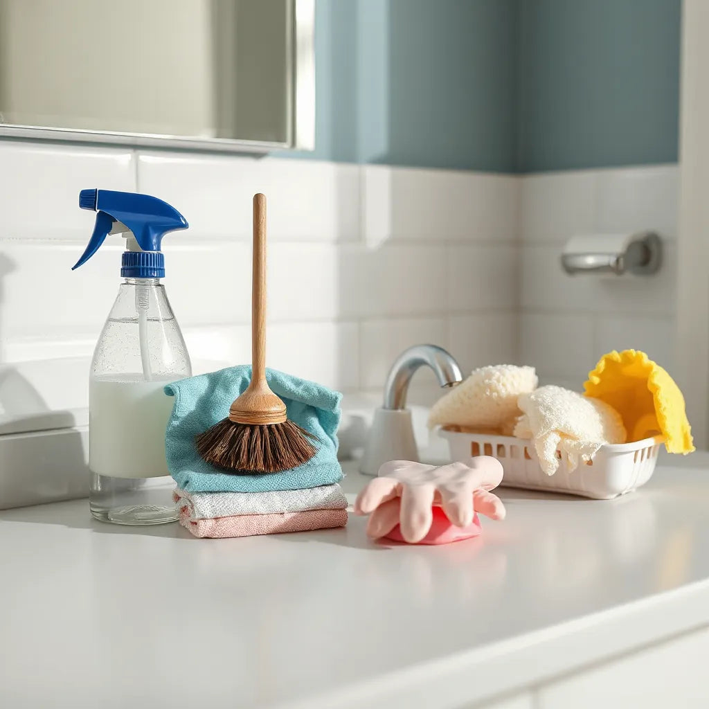 Neatly organized bathroom cleaning supplies on a countertop with a sink and tiled wall background