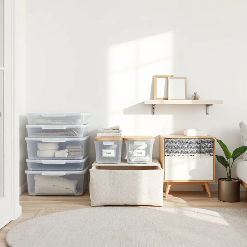 Neatly organized home storage with bins, drawer organizers, and stackable containers in a bright living room