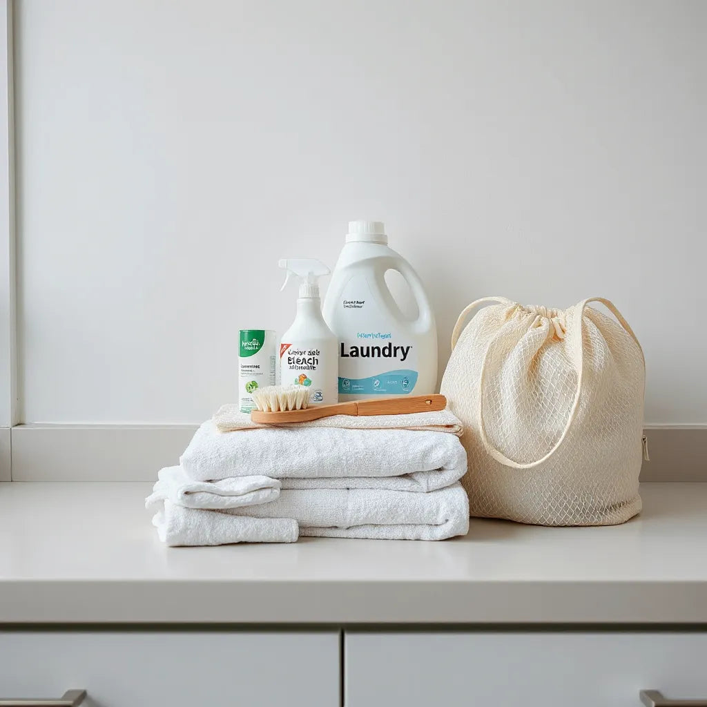 Neatly arranged laundry cleaning products, stain remover, and folded white towels on a clean countertop