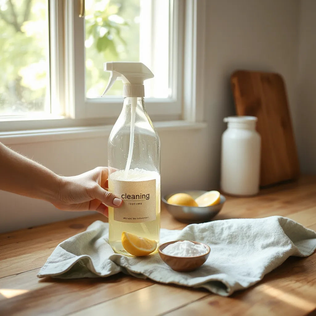 Natural cleaning supplies on a kitchen countertop with a microfiber cloth and glass spray bottle