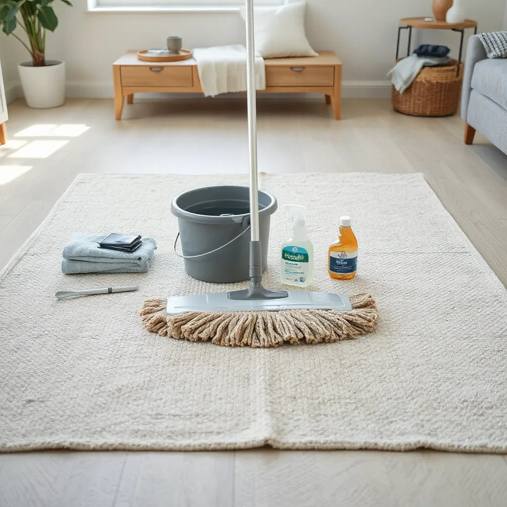 Microfiber mop and neatly arranged floor cleaners for cleaning and protecting different flooring types