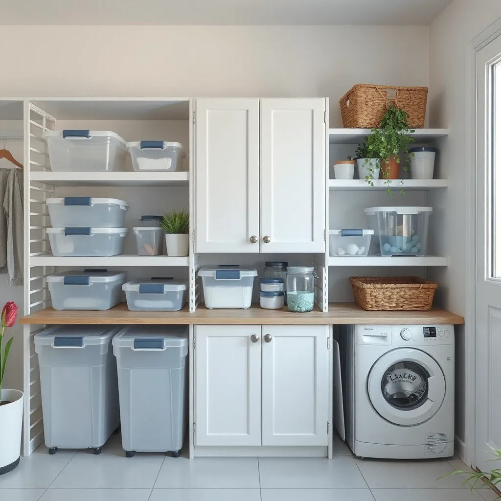 Sturdy lidded and stackable storage bins neatly organized on shelving in a bright utility room
