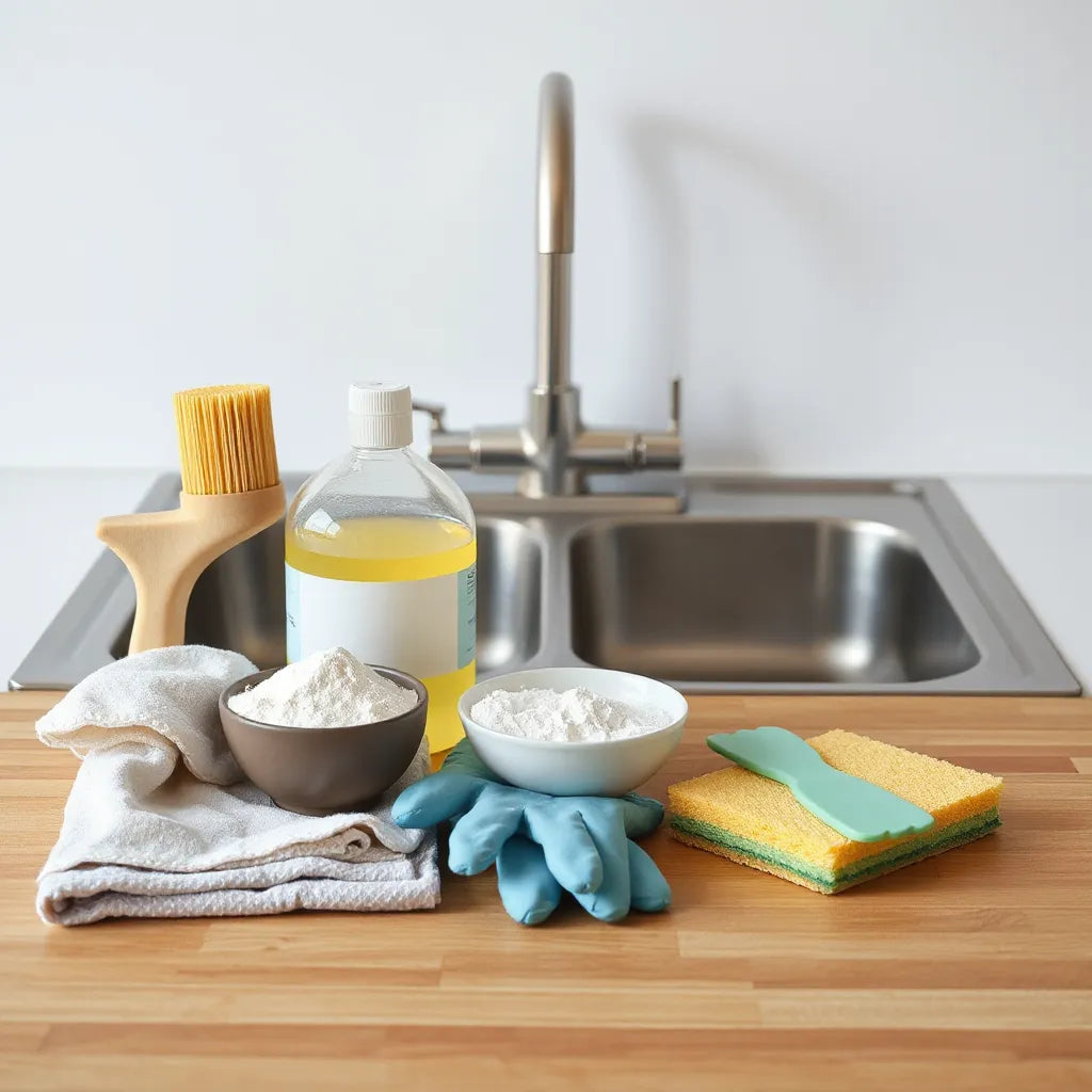 Neatly arranged kitchen cleaning tools on a bright countertop beside a stainless steel sink
