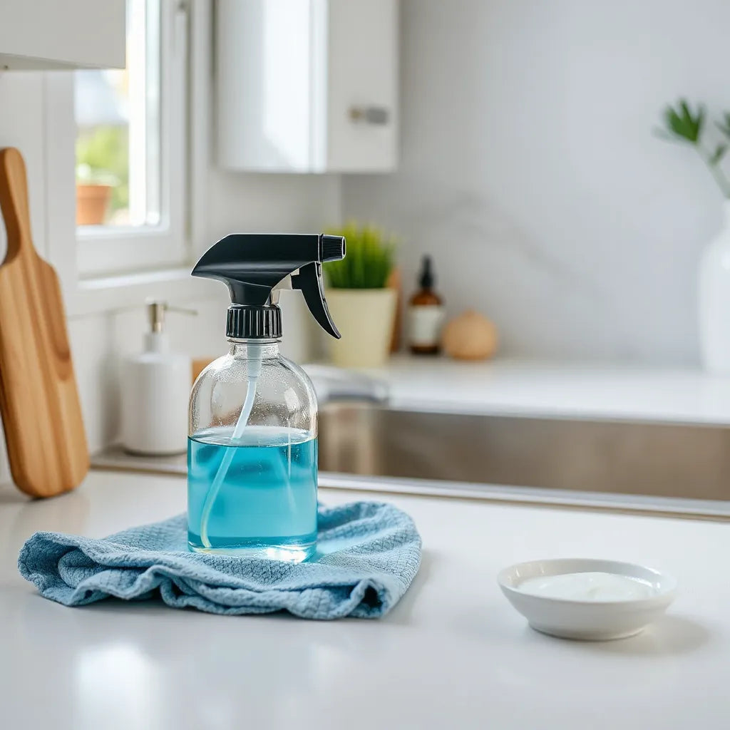 Bright kitchen countertop with premium cleaning spray bottle and microfiber cloth near the sink