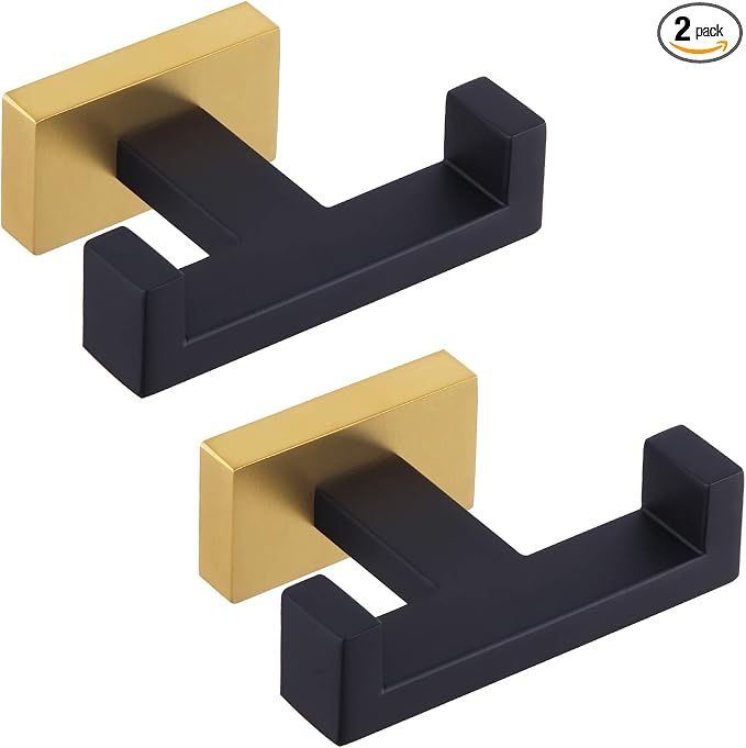 Angle Simple Towel Hook Black & Gold 2 PCS, Stainless Steel Double Hook by AngleSimple