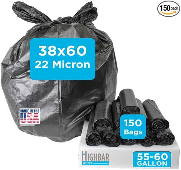 Large Black Trash Bags 55-60 Gallon Heavy Duty, High Density, 22 Micron by HighBarTrashLiners