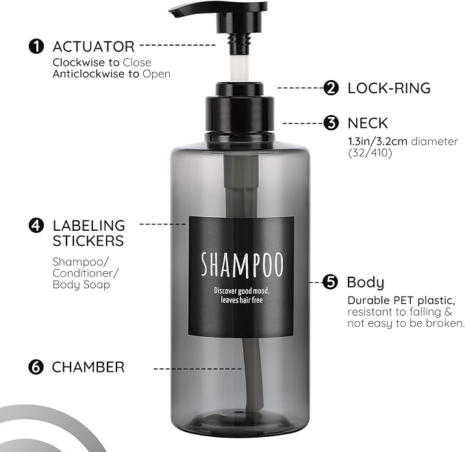 Refillable Shampoo Bottles, Segbeauty 16.9oz Shampoo Dispenser, Labeled Grey - Image 3