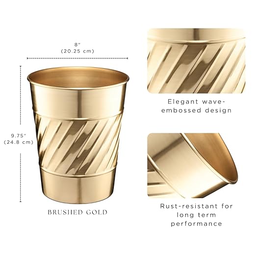 Monarch Abode Brushed Gold Handcrafted Wave Embossed Metal Wastebasket - Image 2