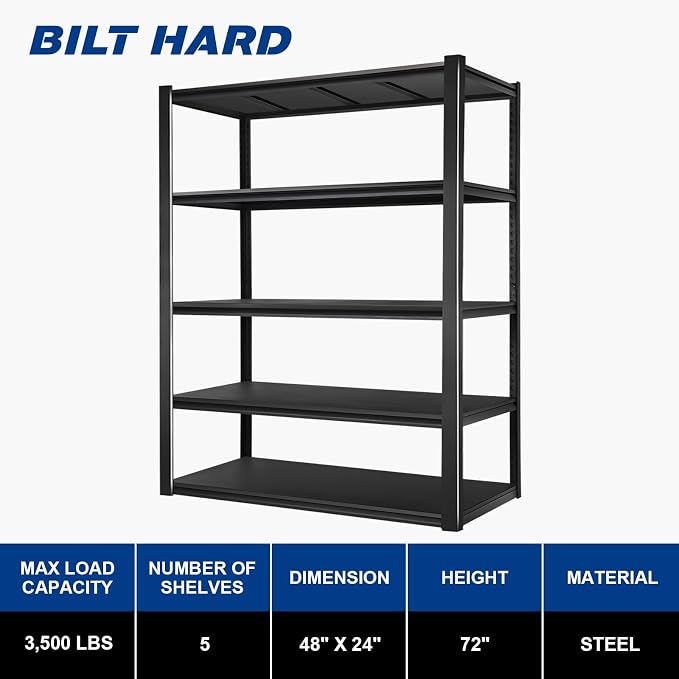 BILT HARD 3500LBS 48" W x 24" D x 72" H Garage Shelving, 5-Shelf Industrial - Image 2