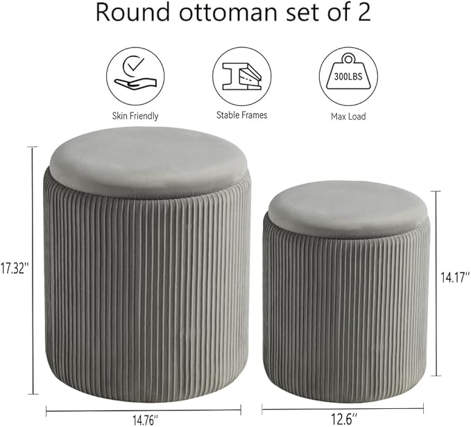 Round Set of 2 Ottoman with Storage-Upholstered Velvet Vanity Stool - Image 3