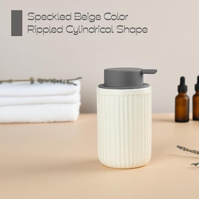 Beige Ceramic Foaming Soap Dispenser 2 Pack, Speckled Rippled 12 oz Bottle - Image 4
