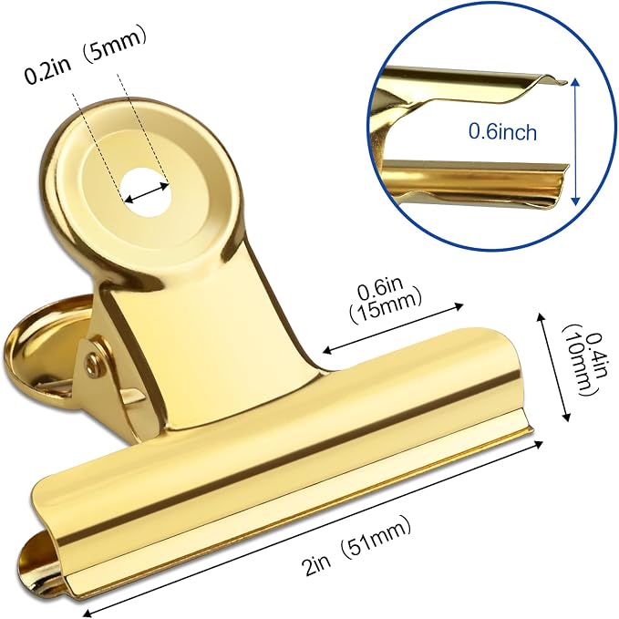 20 Pack Large Metal Hinge Clips 2 Inches Bull Hinge Paper Clips Gold Bulldog - Image 2