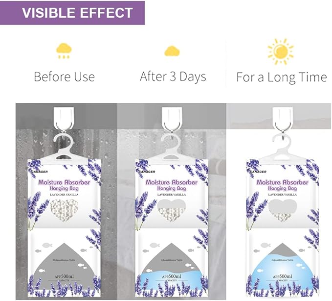 CANAGER Moisture Absorber -12 Pack, Lavender Vanilla Hanging Humidity Bag - Image 6