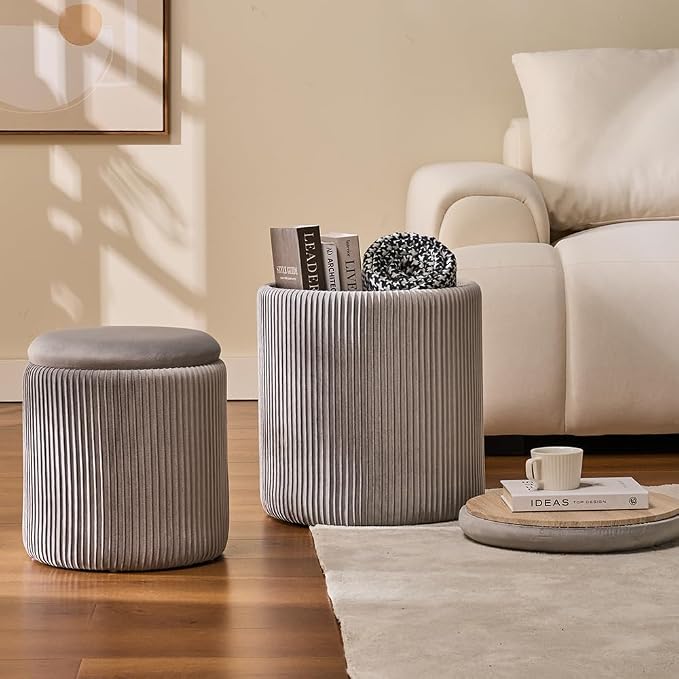 Round Set of 2 Ottoman with Storage-Upholstered Velvet Vanity Stool - Image 2