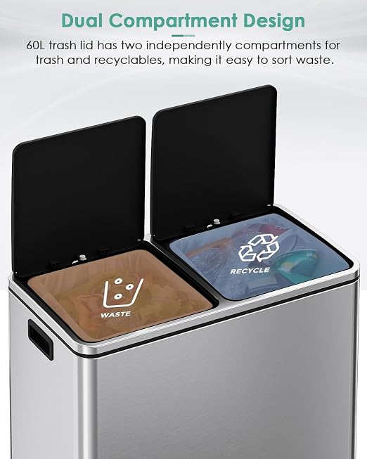 AthLike 60L Dual Trash Can, Stainless Steel Kitchen Garbage Can, Double - Image 6