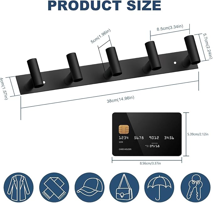 VAEHOLD Black Hat and Coat Wall Mount Rack 5 Hooks - Image 3