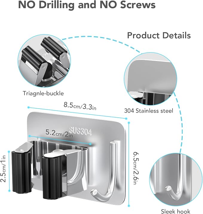 Mop Broom Holder No Drill, Mop Broom Organizer Wall Mounted Heavy Duty - Image 8