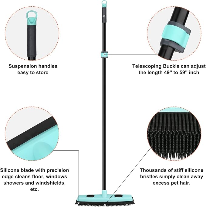 Rubber Broom Carpet Rake for Pet Hair Removal, Fur Remover Broom - Image 5