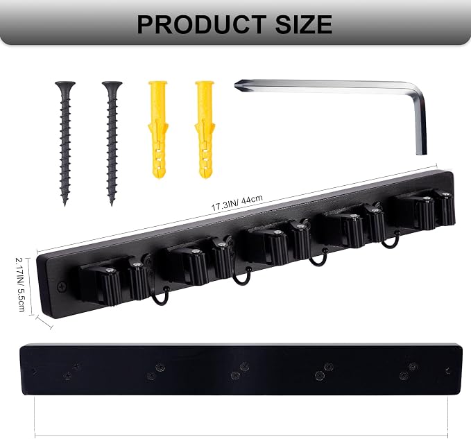 Broom Holder Wall Mount With 5 Slots & 4 Hooks，Rustic Wood Broom & Mop - Image 5