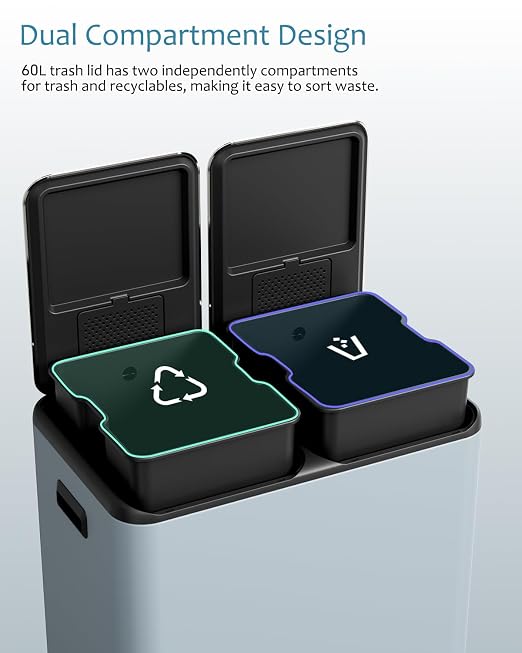 16 Gal Dual Trash Can, Stainless Steel Kitchen Garbage Bin, Recycle Dustbin - Image 6