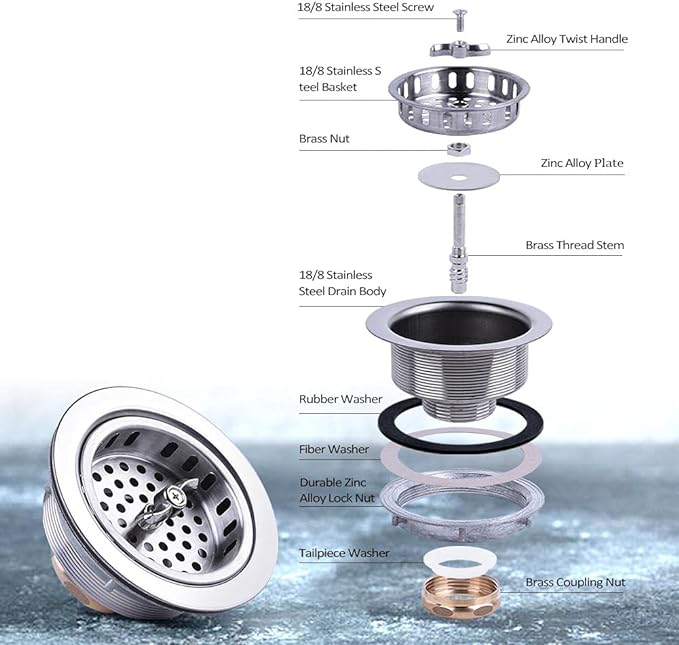 304 Stainless Steel Kitchen Sink Twist Lock Basket Drain Assembly W/Brass - Image 3