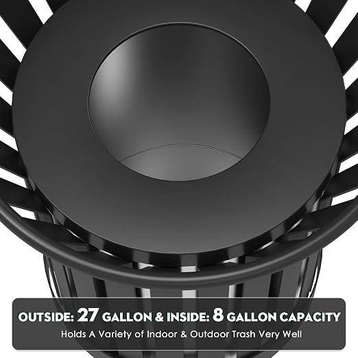 8Gallon Round Large Outdoor Trash Can, Heavy Duty Metal Slatted Garbage Can - Image 5