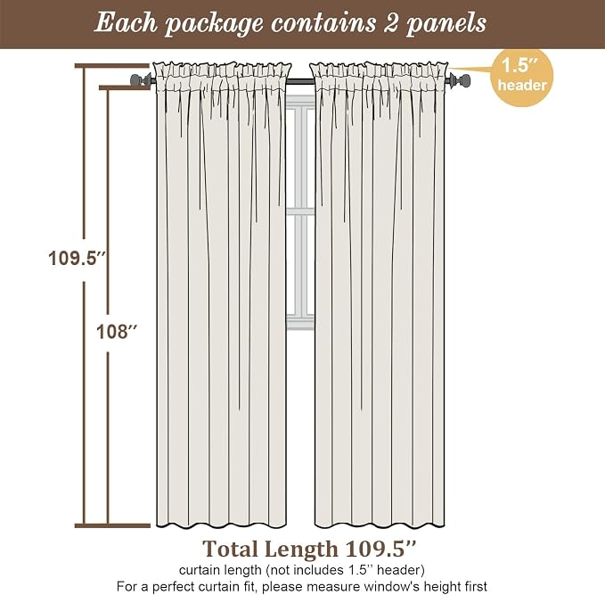 Chyhomenyc Extra Long Ivory Sheer Curtains 108 Inches Long 2 Panels, Light - Image 2
