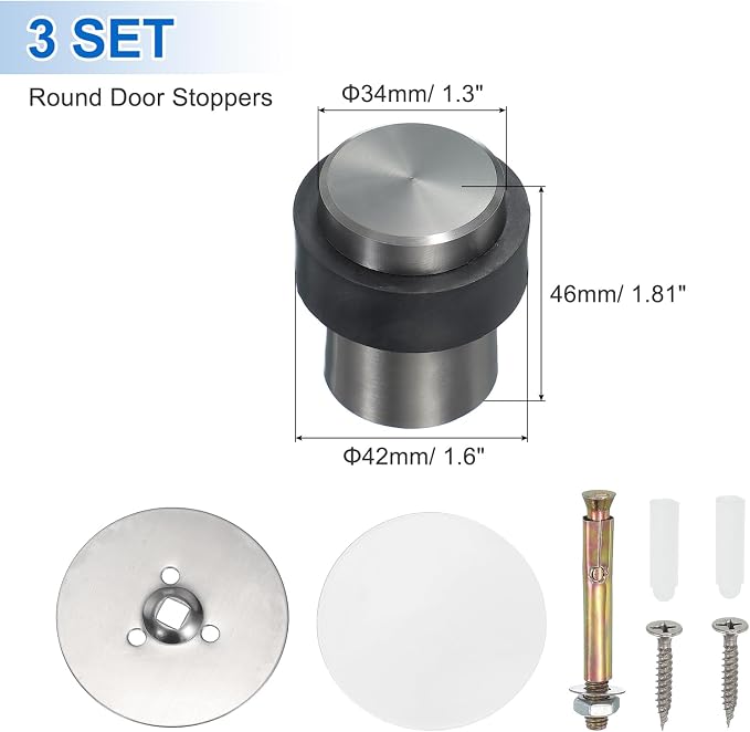 PATIKIL 3Set Round Door Stoppers, 46mm Stainless Steel Door Stop Doorstop Wedge - Image 2