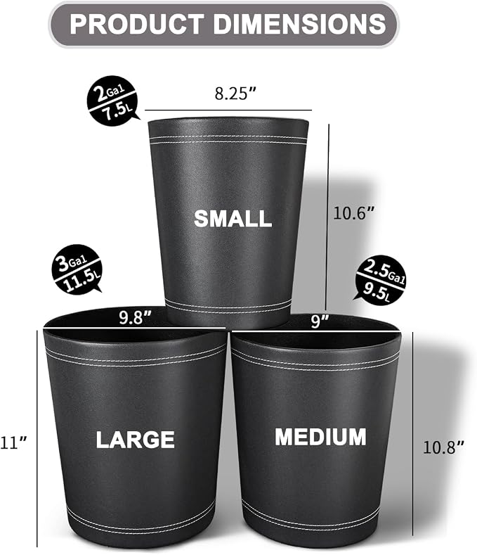 KINGFOM 3 Pack PU Leather Small Office Trash Can Wastebasket, Round Garbage - Image 5