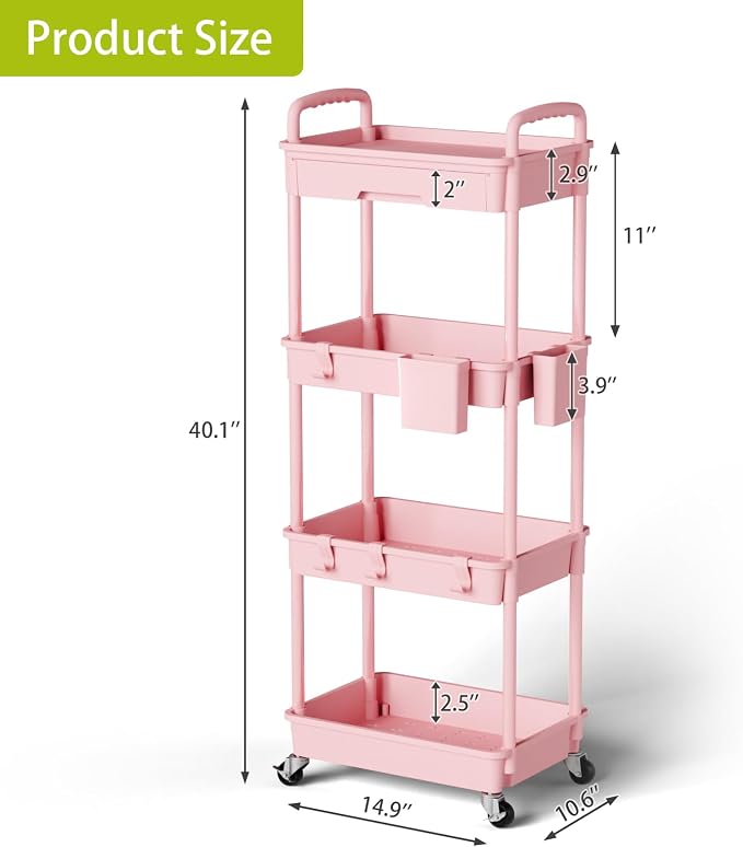4 Tier Rolling Cart Organizer, Art Craft Diaper Bedside Snack Laundry Room - Image 3