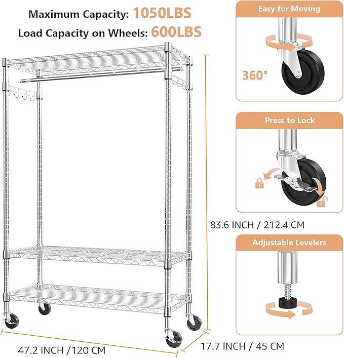 Heavy Duty Rolling Garment Rack 3 Tiers Adjustable Wire Shelving Clothes Rack - Image 6