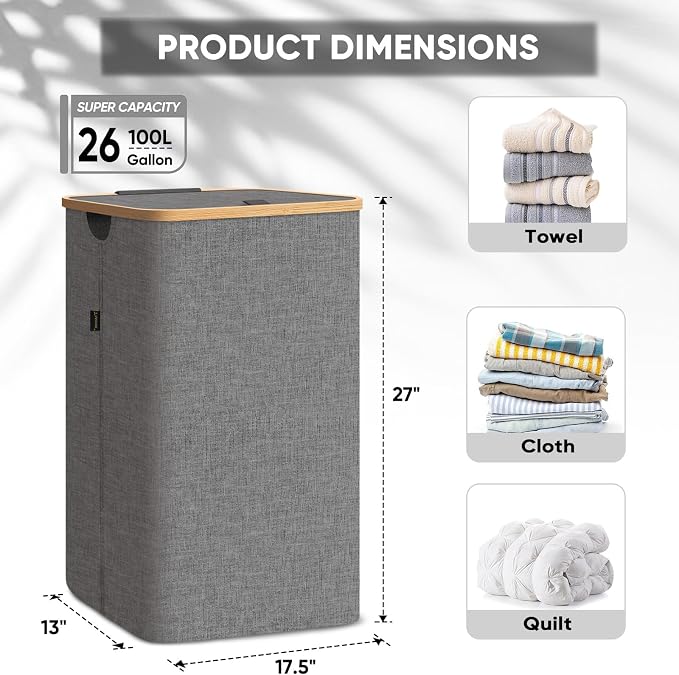 BALEINE Laundry Hamper with Lid, Tall Laundry Baskets with Bamboo Pull Handles - Image 4