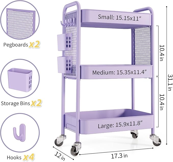 TOOLF 3 Tier Rolling Cart Storage Organizer, Metal Rolling Utility Cart - Image 7