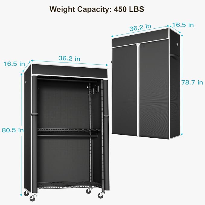 FUTASSI Clothing Rack with Cover, P1C Rolling Closets with Wheels, Metal - Image 5