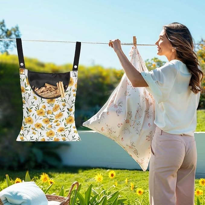 Yellow Floral Clothespin Bag Space-Saving Laundry Hanging Storage Organizer - Image 2