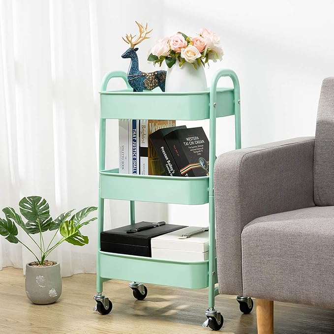 AGTEK Makeup Cart, Movable Rolling Organizer Cart, Macaron Blue 3 Tier Metal - Image 4