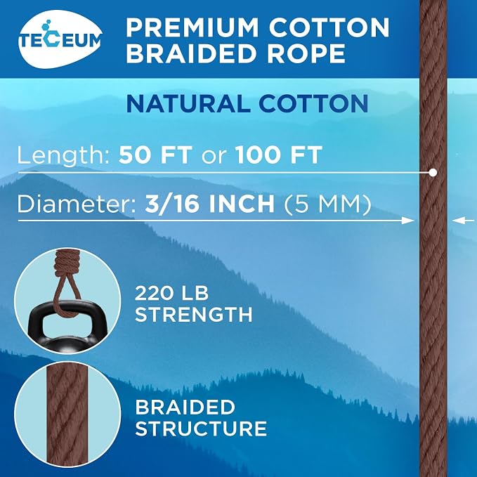 TECEUM Cotton Rope 3/16” – 100 FT – Strong All-Purpose Braided Rope – Natural - Image 2