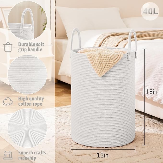 Laundry Basket, Woven Cotton Rope Laundry Hamper, 40L - Image 6