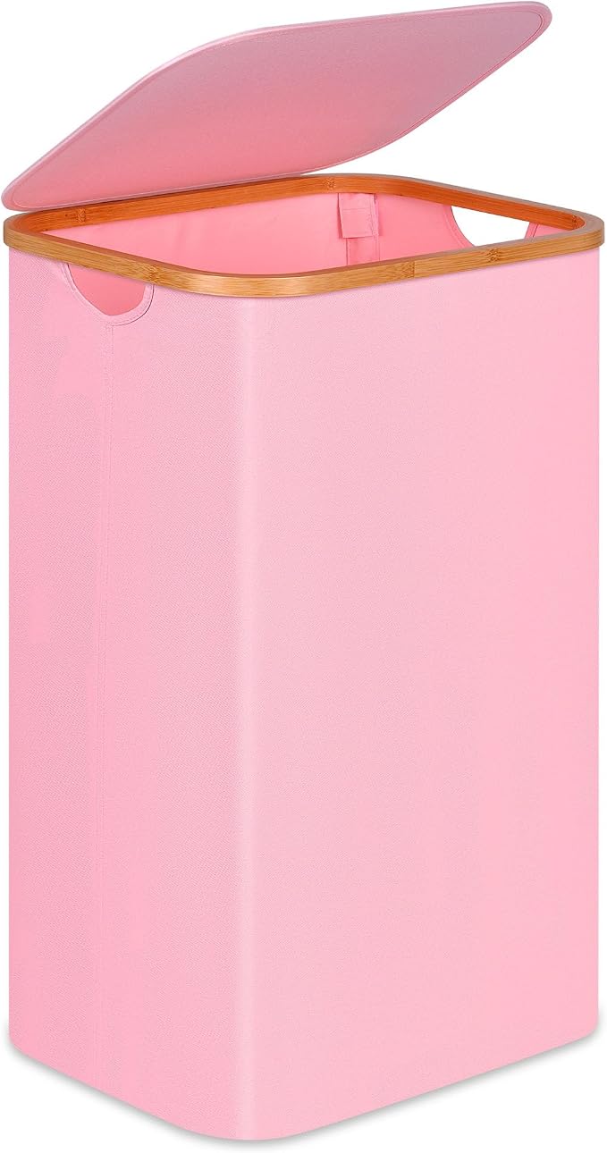 100L Laundry Hamper with Lid, Lagre Basket with Bamboo Handles, Foldable by Merkisa