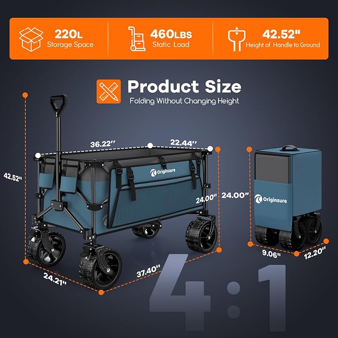 220L Collapsible Wagon Cart Foldable, 460lbs Load Capacity Heavy Duty Folding - Image 2