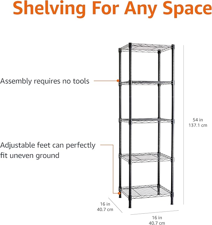 Amazon Basics 5-Shelf Tower Adjustable Storage Shelving Unit, 16 D x 16 W x 54 - Image 3