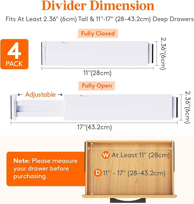 Lifewit 4 Pack Kitchen Drawer Dividers 2.36" High, Plastic Expandable - Image 3