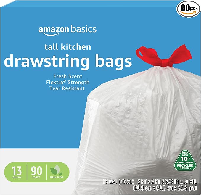 Amazon Basics 13 Gallon Flextra Strength Tall Kitchen Drawstring Trash Bags by AmazonBasics