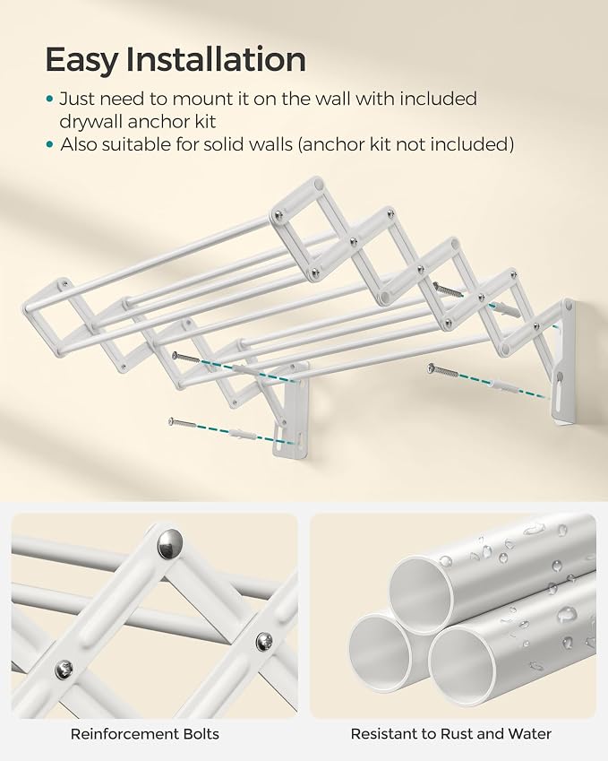 SONGMICS Clothes Drying Rack, Wall-Mounted Drying Rack Clothing, Small - Image 7