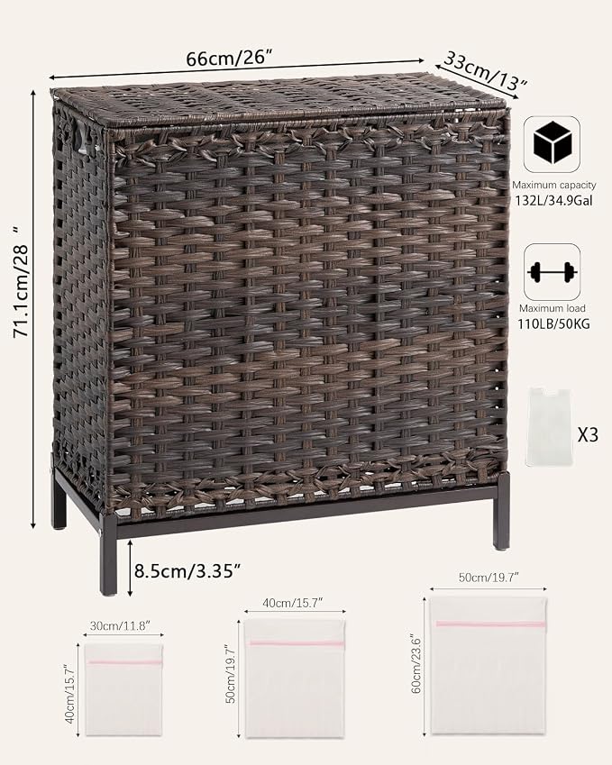 Laundry Hamper with Lid 132 L, Clothes Hamper with Lid, Handwoven Rattan - Image 5