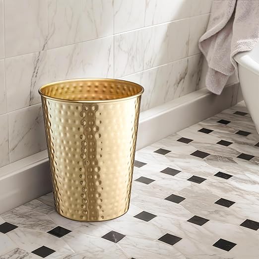 Monarch Abode Brushed Gold Hand Hammered Metal Wastebasket - Image 6