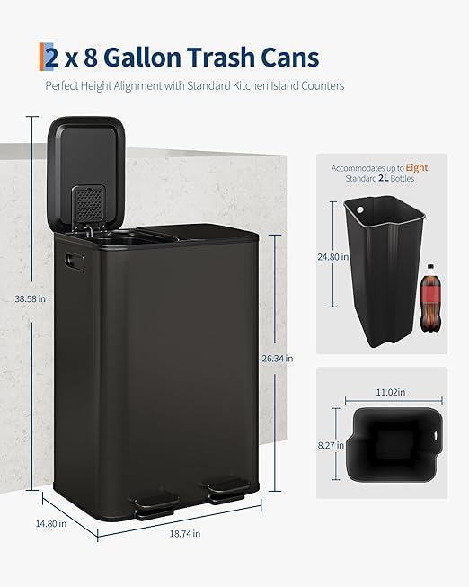 GarveeHome 2 x 8 gal Stainless Steel Double Trash Can - Image 6