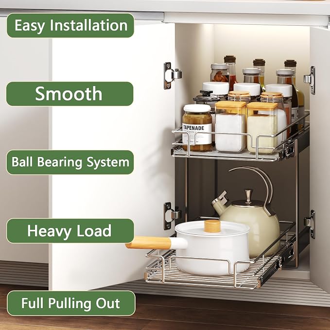 2 Tier Individual Pull Out Cabinet Organizer 13½" W x 18" D, Heavy Duty Cabinet - Image 2