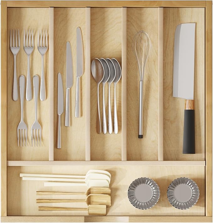 WelFurGeer Solid Birch Wood Silverware Drawer Organizer, Wooden Cutlery Drawer - Image 8