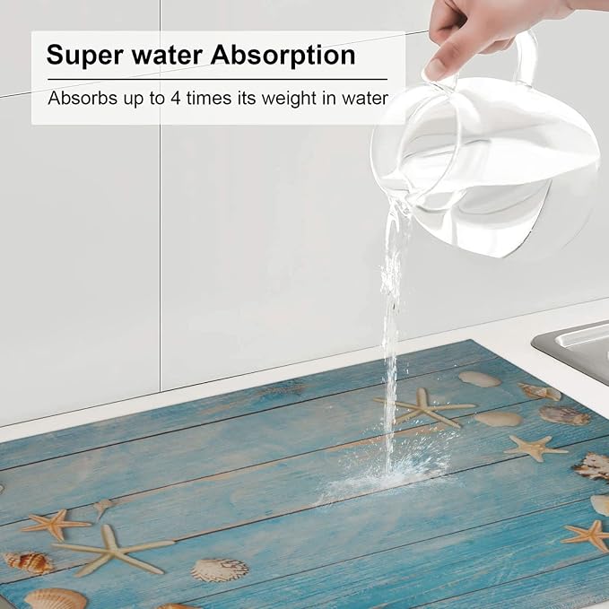 Seashells Starfish On Blue Wood Absorbent Microfiber Xl Dish Drying Mat - Image 6
